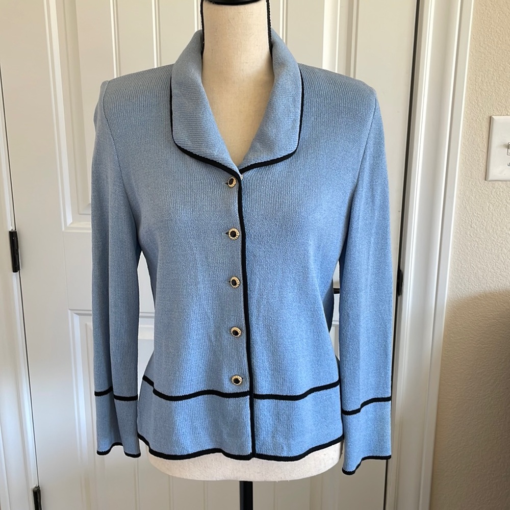 St John Collection Santana Knit Shawl Collar Cardigan Blue w/Black Trim …